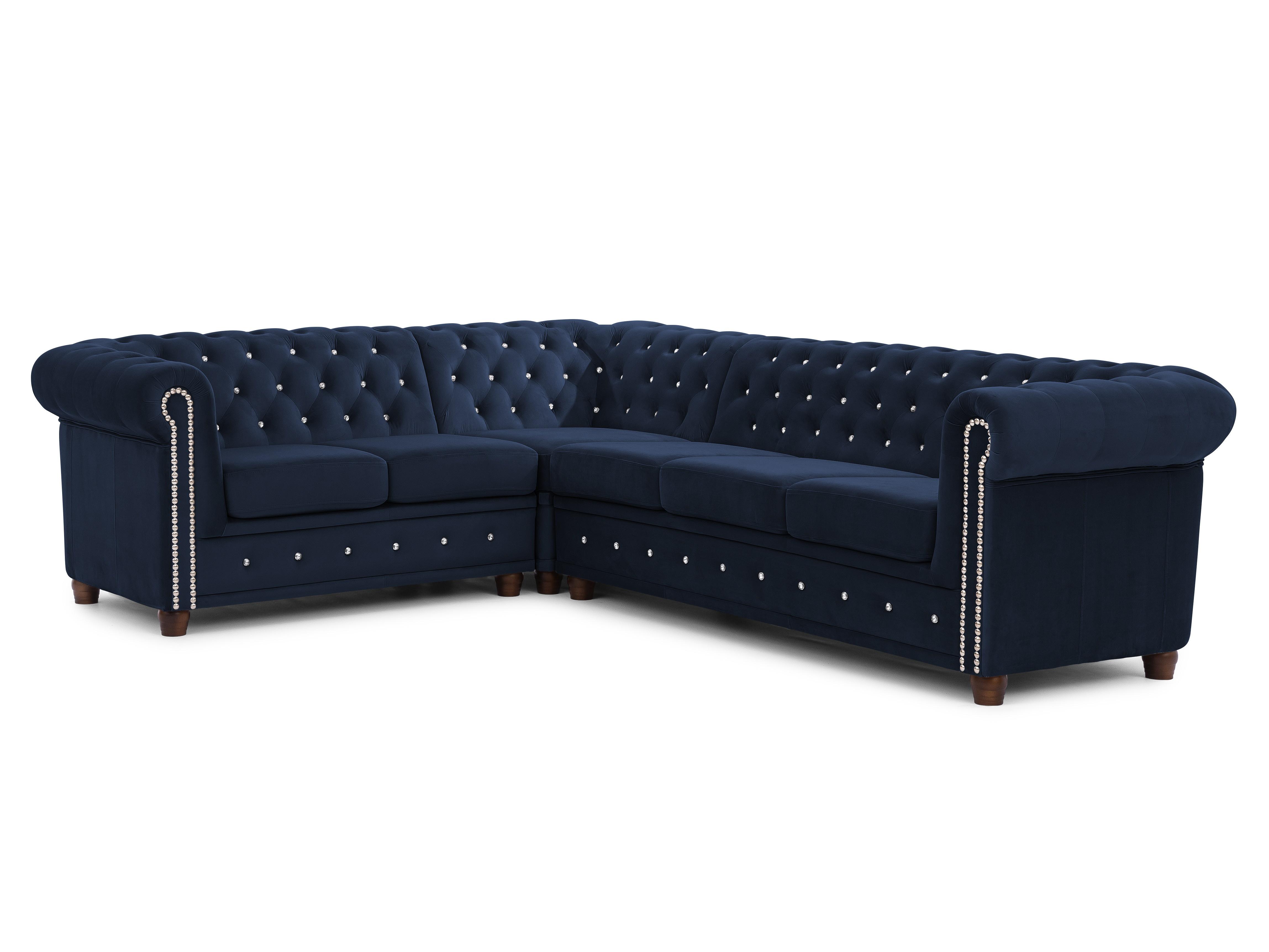 ECKSOFA Chesterfield Cleo Blink Marineblau Samt mit Kristallsteppung und braunen Massivholzfüßen - Ottomane Links - Blau/Braun, Holz/Textil (264/210cm) - S-Style