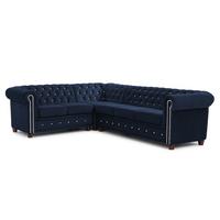 ECKSOFA Chesterfield Cleo Blink Marineblau Samt mit Kristallsteppung und braunen Massivholzfüßen - Ottomane Links - Blau/Braun, Holz/Textil (264/210cm) - S-Style
