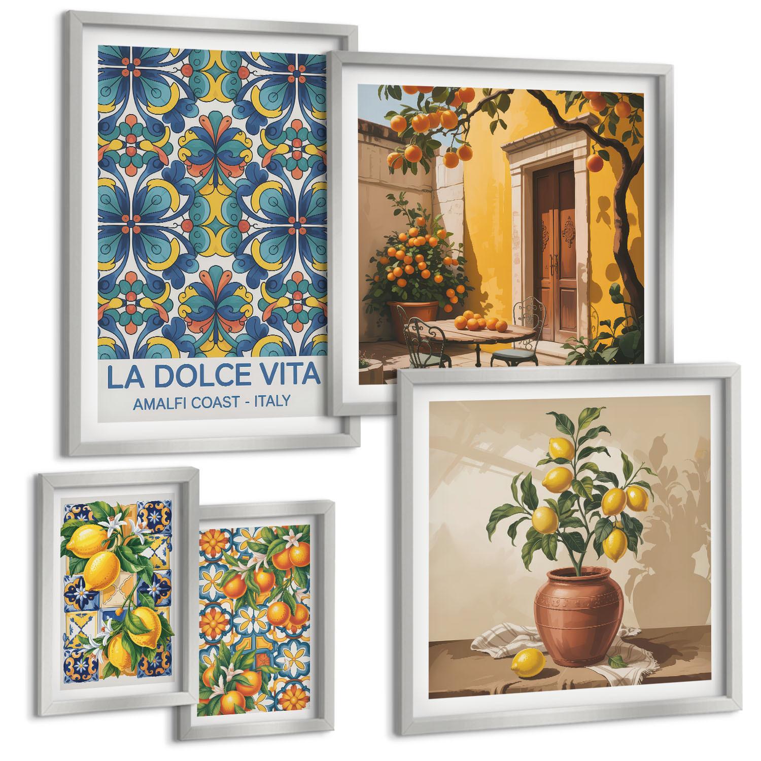 BILDER SET 5er Set - 50x50 cm & 20x30 cm & 40x60 cm Silberner Rahmen - Zitronen, Blumen, Orangen, Italien - Silberfarben, Kunststoff (40/60cm) - TULUP