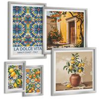 BILDER SET 5er Set - 50x50 cm & 20x30 cm & 40x60 cm Silberner Rahmen - Zitronen, Blumen, Orangen, Italien - Silberfarben, Kunststoff (40/60cm) - TULUP