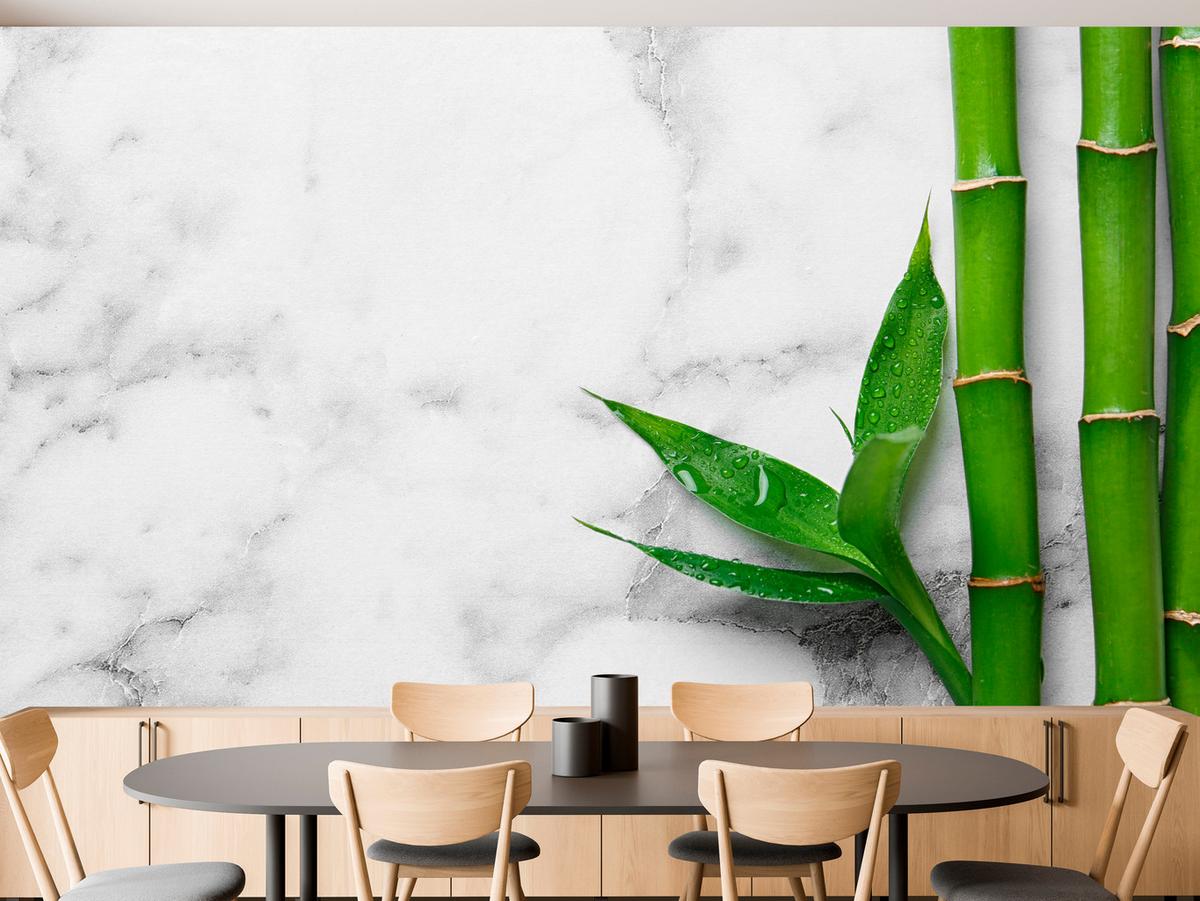FOTOTAPETE für Küche Bambusblätter Grauer Marmor Exotisch Elegant 300x210 - Weiß/Grau, Papier (300/210cm) - Muralo
