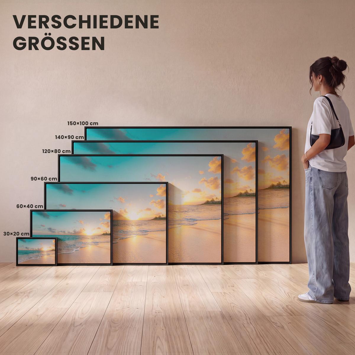 LEINWAND Bilder mit Rahmen - Sonnenuntergang - Strand - Meer - Sommer - Blau - 150x100 - Multicolor, Textil (150/100cm) - MuchoWow