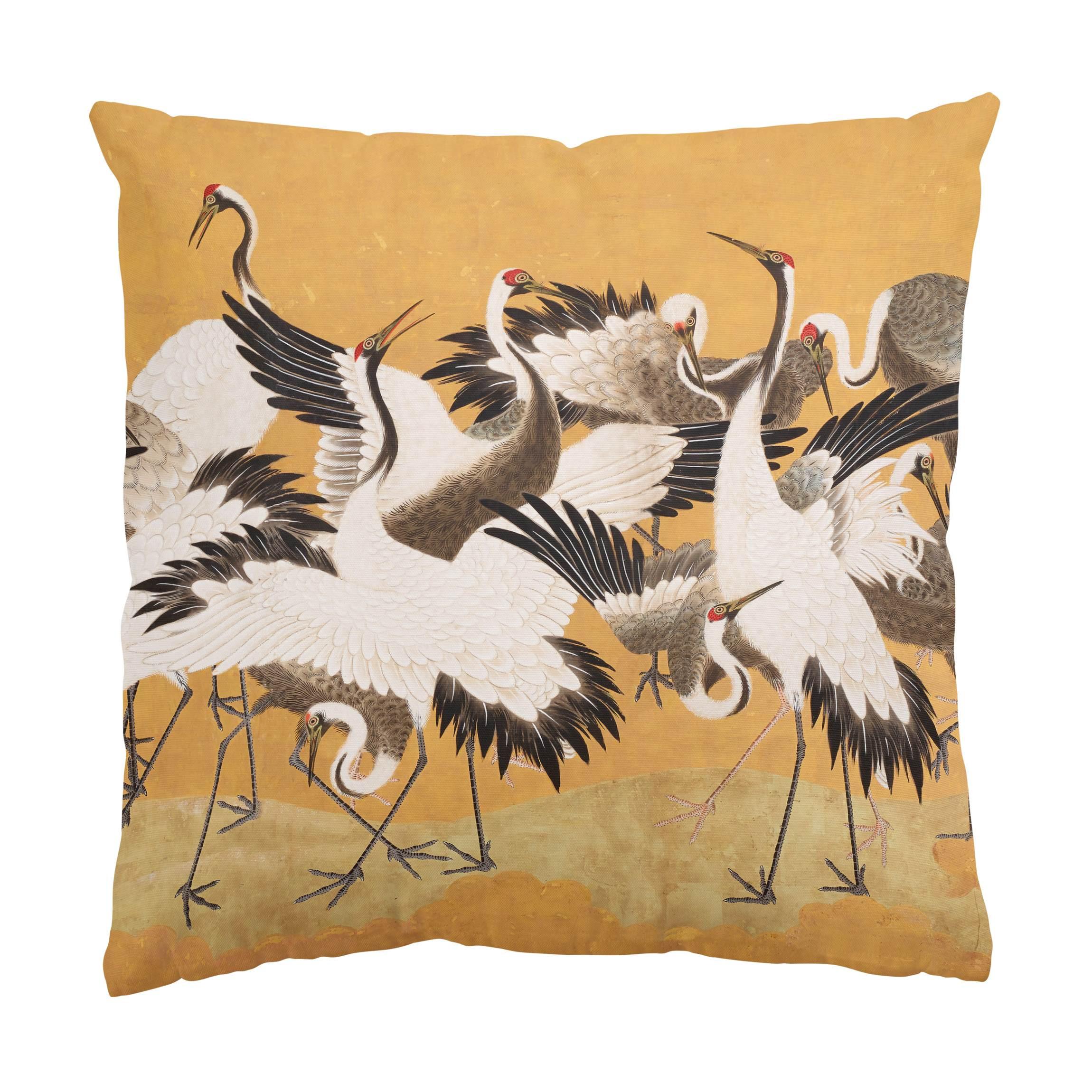 DEKOKISSEN Tanzende Kraniche im Freudentaumel 40/40 cm - Goldfarben, Textil (40/40/10cm) - Bilderwelten