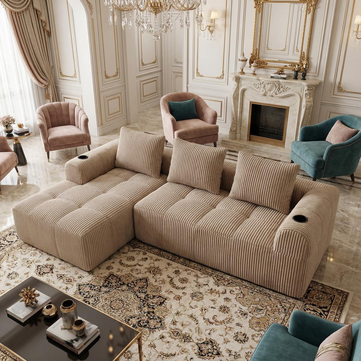 ECKSOFA 3-Sitzer mit Getränkehalter, Seitentaschen & 3 Kissen - Taupe, Textil (253/158cm) - Urban Meuble