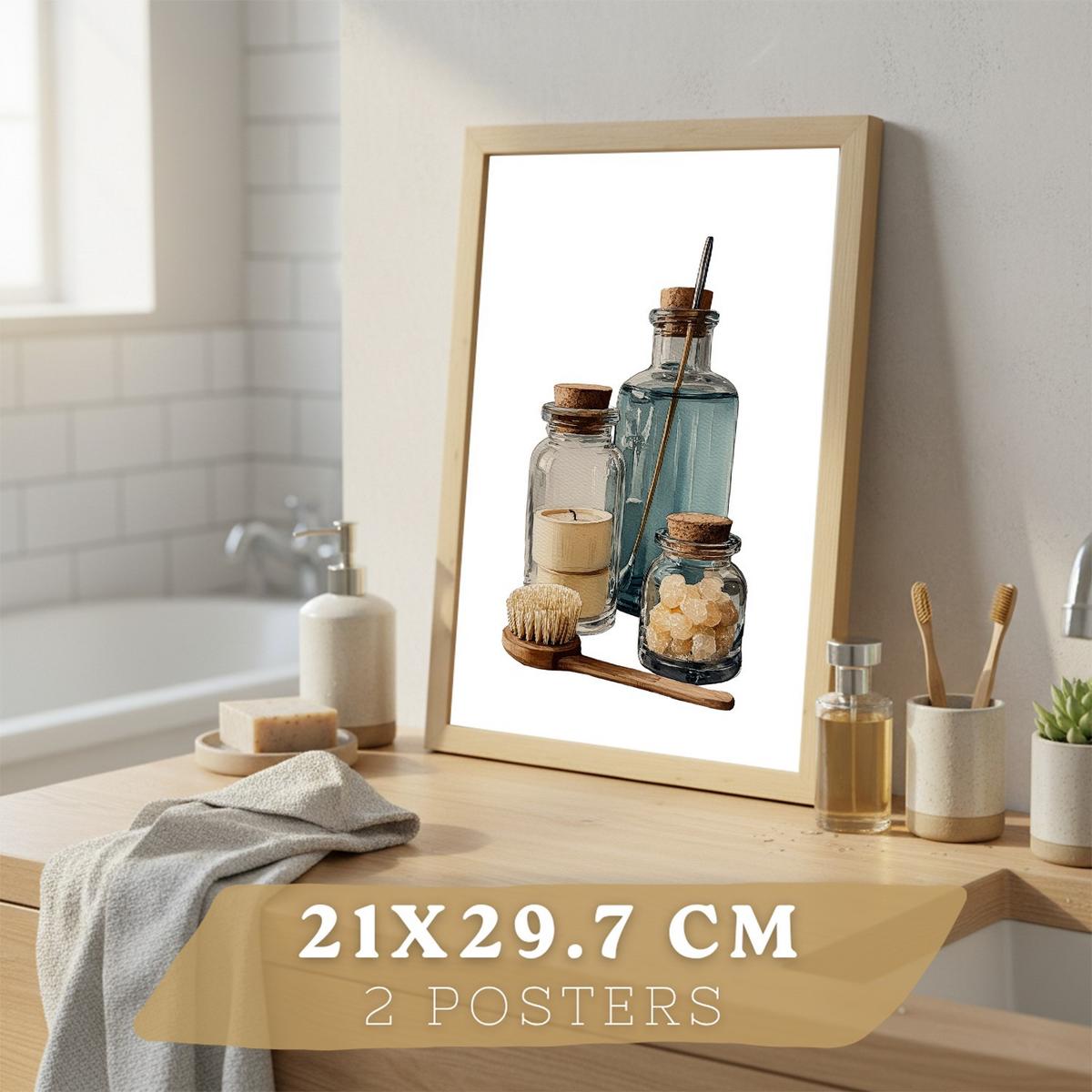 POSTER 2er-Set dekorative Badezimmer-Poster, minimalistische Wandbilder moderne Dekoration mit Blumen und Flaschen Leichter Holzrahmen A4 - Beige, Papier (29.7/21/3cm) - Nacnic