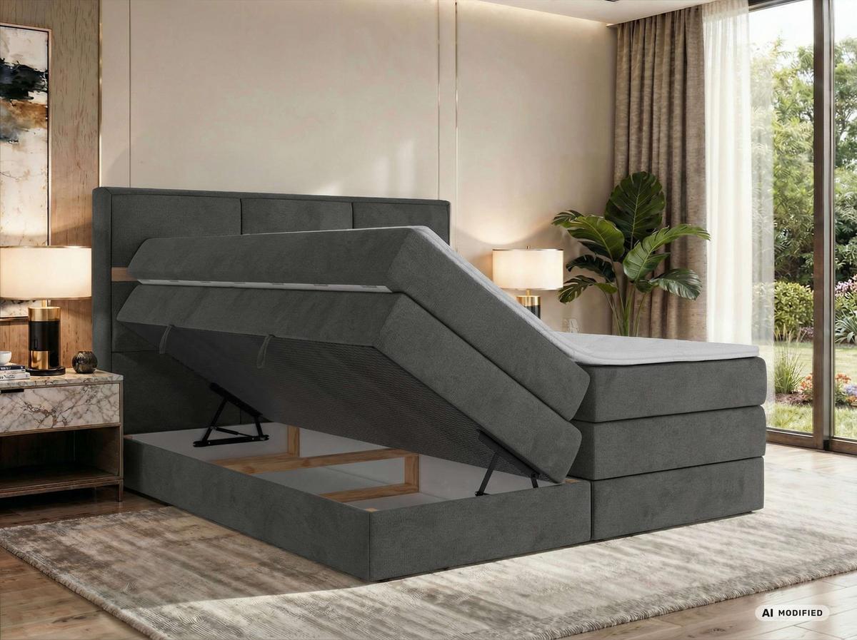 BOXSPRINGBETT ORVO KING 140/200 - Dunkelgrau Velvet - Topper Visco - H3 - Dunkelgrau/Schwarz, Kunststoff/Textil (140/200cm) - MKS