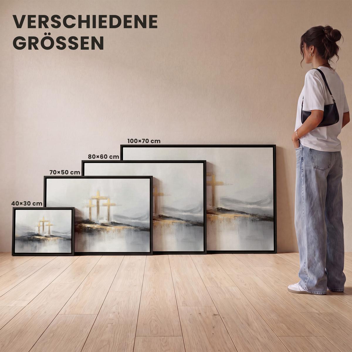 LEINWAND Bilder mit Rahmen - Abstrakt - Malerei - Christentum - Kreuz - 100x70 - Weiß, Textil (100/70cm) - MuchoWow