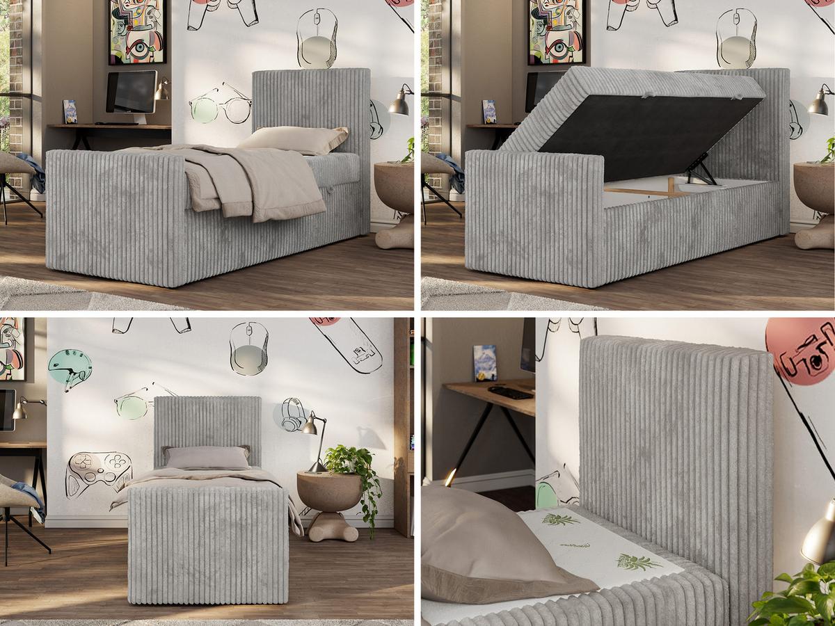 JUGENDBETT TILIO DUO 90/200 - Hellgrau Cord - H3 - Rechts Seite - Hellgrau, Textil (90/200cm) - MKS