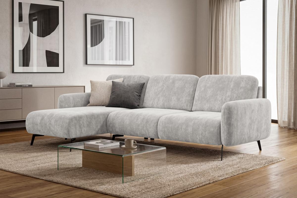 ECKSOFA FEBE 4-Sitzer LINKS, hellgrauer Chenille-Stoff - Hellgrau/Schwarz, Holz/Textil (264/157cm) - Wozimo