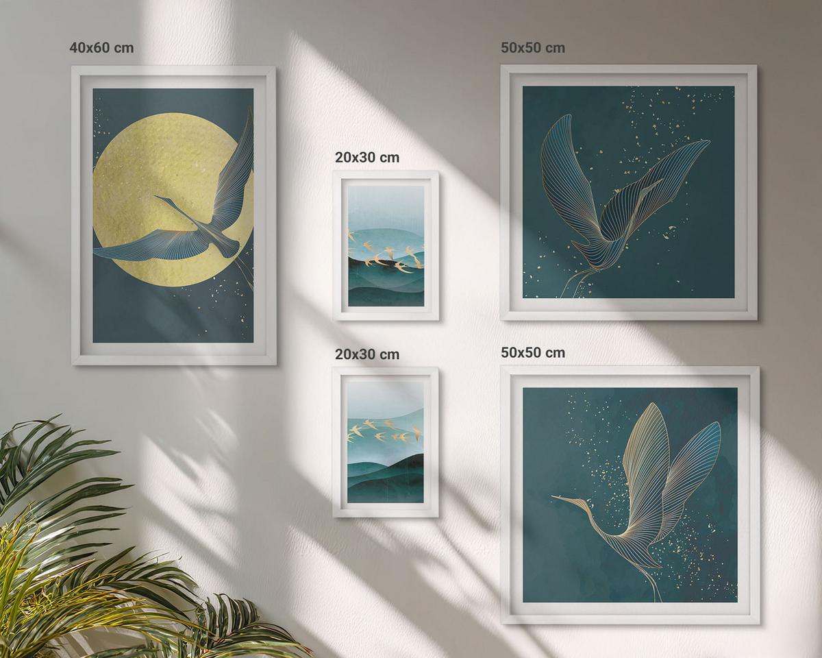 BILDER SET 5er Set - 50x50 cm & 20x30 cm & 40x60 cm Weißer Rahmen - Abstrakte Landschaften von Vogelwellen - Weiß, Kunststoff (40/60cm) - TULUP