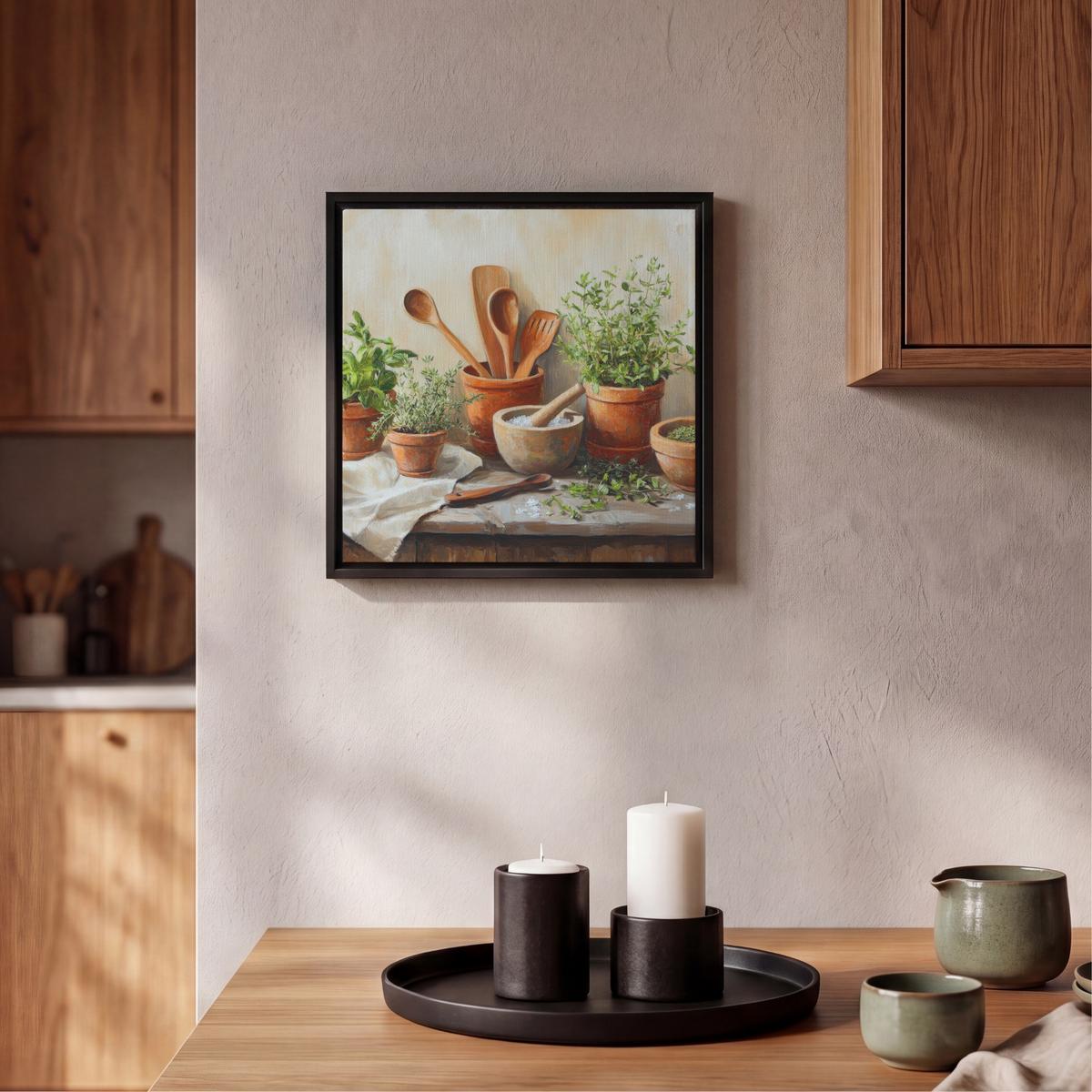 LEINWAND Bilder mit Rahmen - Töpfe - Kräuter - Holz - 20x20 - Terracotta, Textil (20/20cm) - MuchoWow