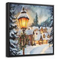 LEINWAND Bilder mit Rahmen - Weihnachtsdorf - Häuser - Schnee - Weihnachten - 20x20 - Sandfarben, Textil (20/20cm) - MuchoWow