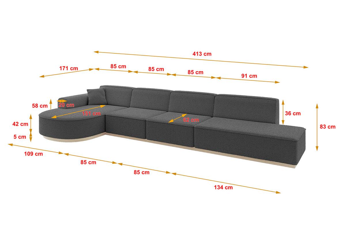 ECKSOFA Ottomane Links ARRIO-L3 - 413x171x83 cm Grau - Grau, Holzwerkstoff/Textil (413/171cm) - ALTDECOR