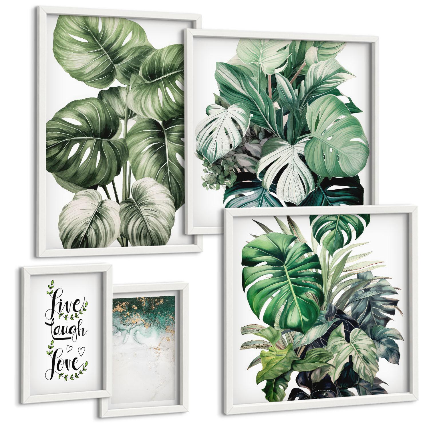 BILDER SET 5er Set - 50x50 cm & 20x30 cm & 40x60 cm Weißer Rahmen - Blattpflanzen leben, lachen, lieben - Weiß, Kunststoff (40/60cm) - TULUP