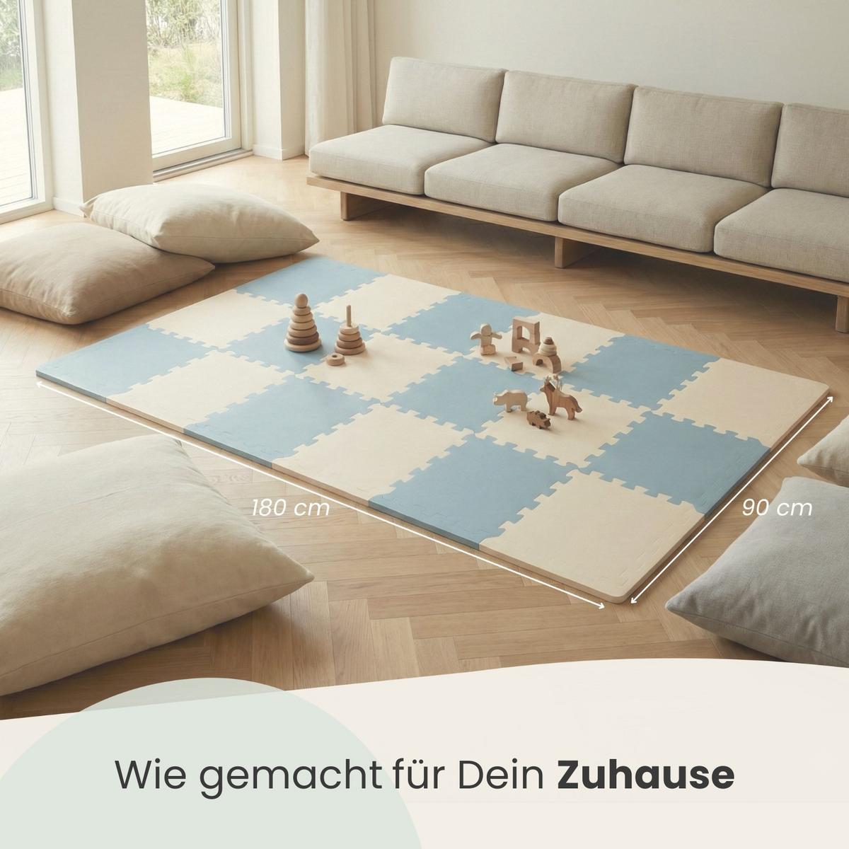 SPIELMATTE mit Rand - 180/90/1 cm Puzzlematte Blau Beige - Grau, Kunststoff (30/30cm) - Littletom