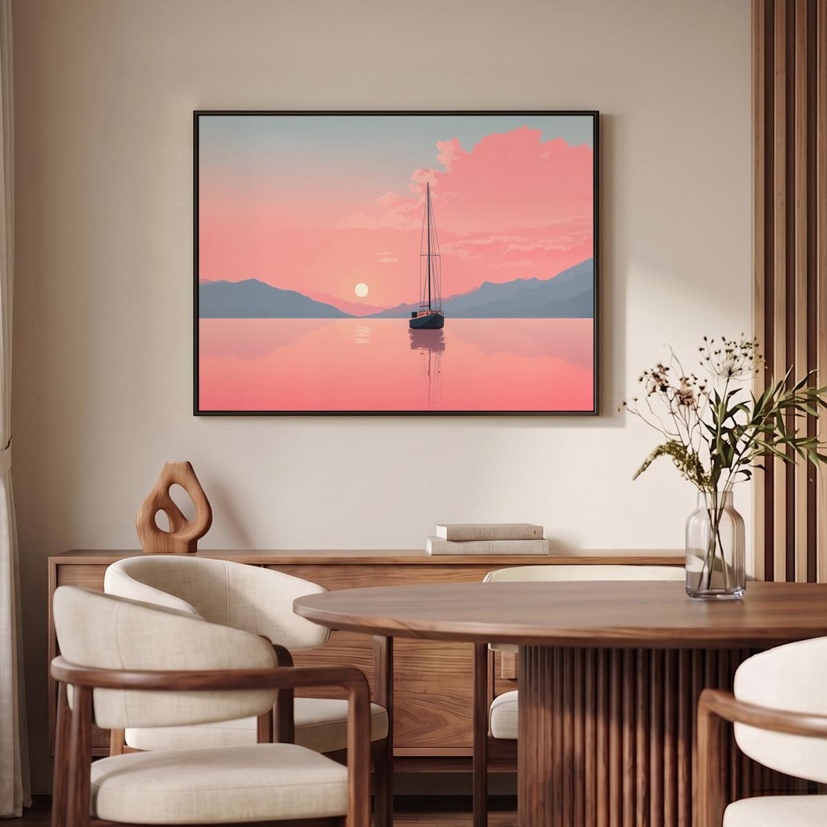 LEINWAND Bilder mit Rahmen - Segelboot - Rosa Meer - Sonnenuntergang - Berge - 100x70 - Rosa, Textil (100/70cm) - MuchoWow