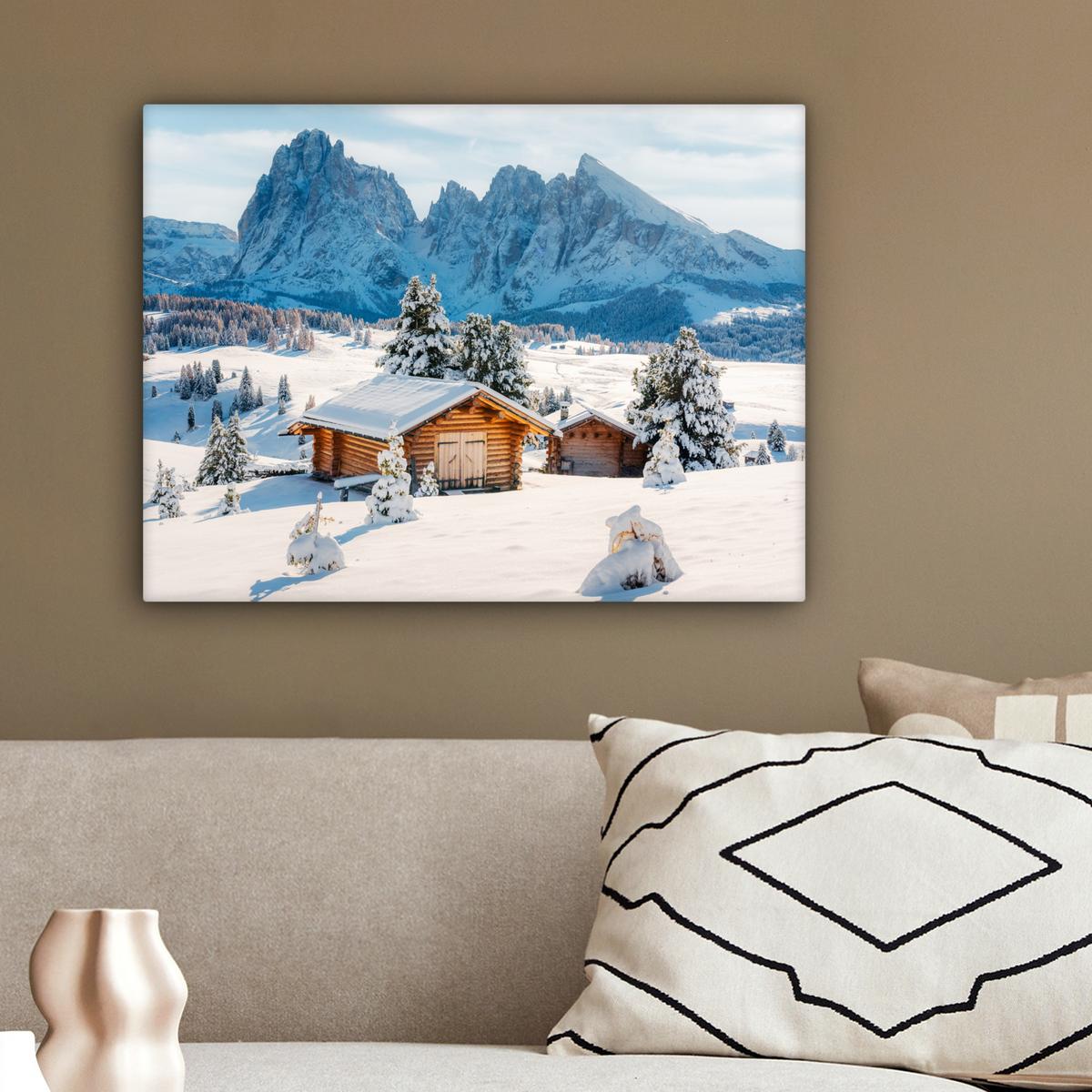 LEINWANDBILD Winter - Hütte - Berge - Aussicht - Schnee Wandbild 40x30 cm - Eichefarben, Textil (40/30cm) - MuchoWow