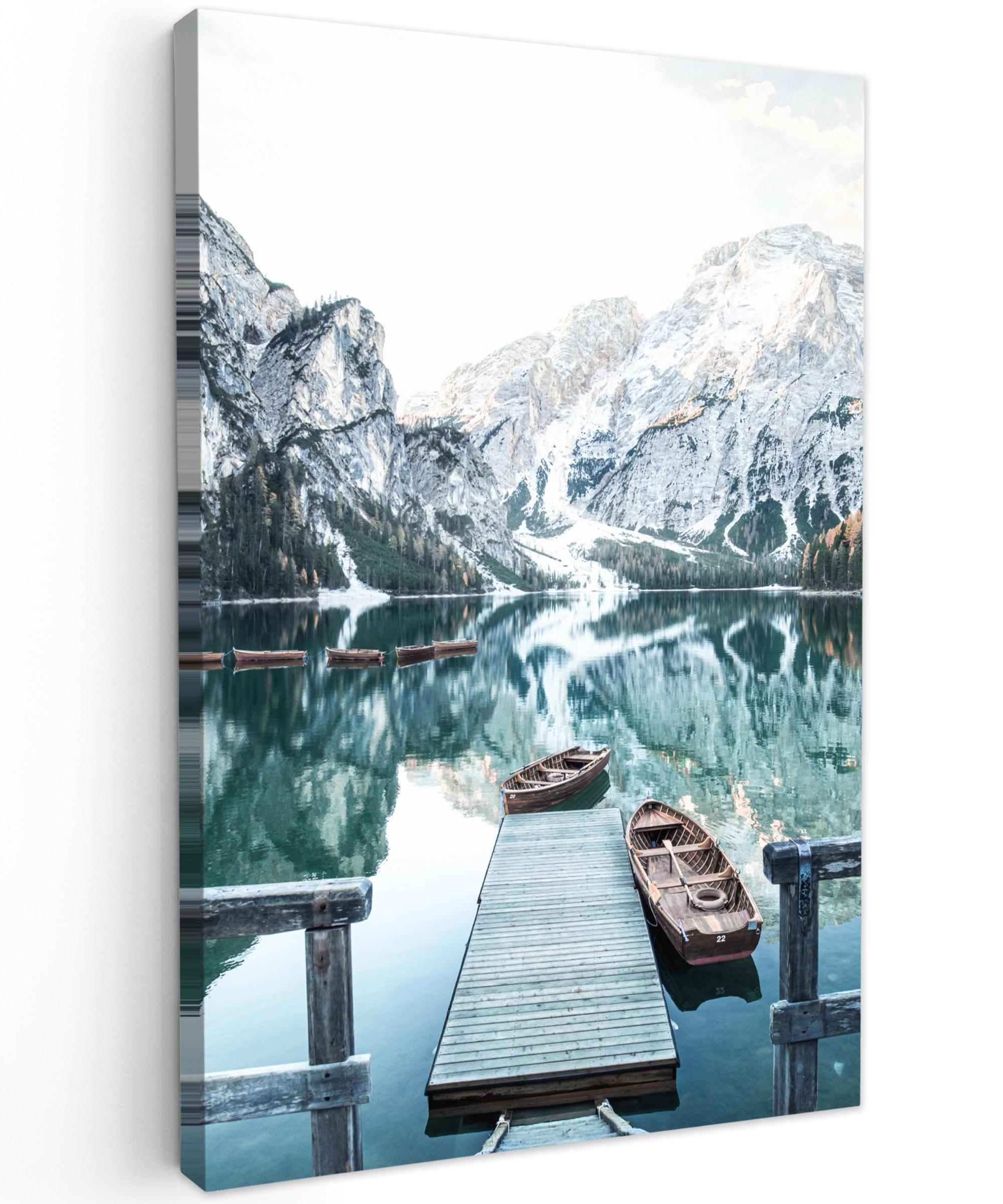 LEINWANDBILD Natur - Berge - Schnee - Wald - Boot Wanddeko Schlafzimmer 60x90 cm - Hellgrün, Textil (60/90cm) - MuchoWow