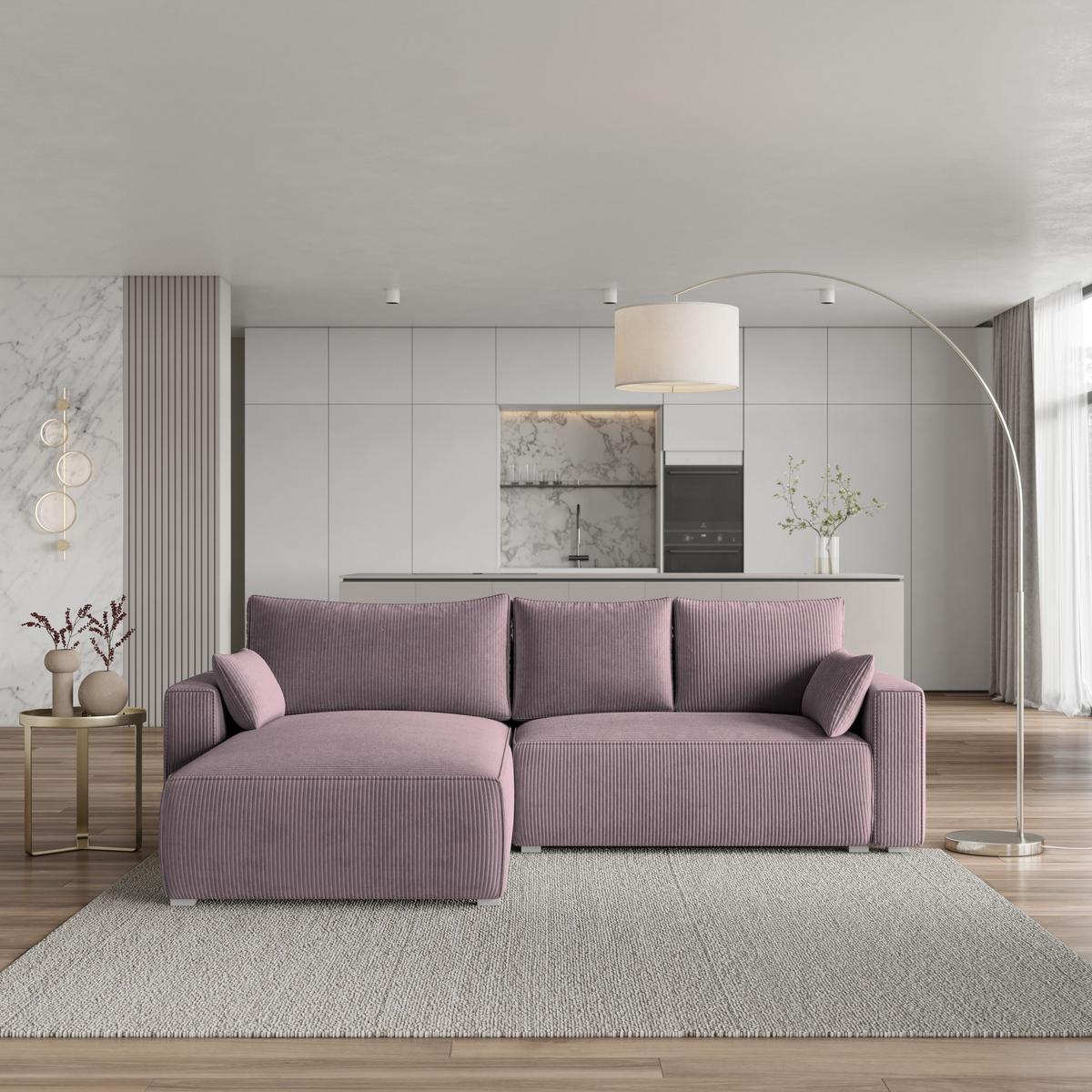 ECKSOFA FORIL P Lila Kordstoff mit Schlaffunktion - Lila/Grau, Holz/Kunststoff (265/178cm) - MASSENO