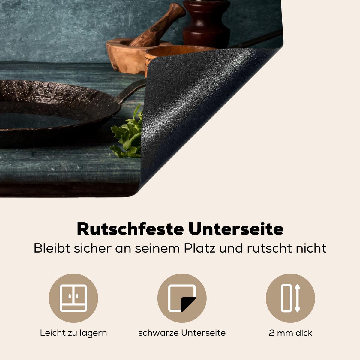 HERDABDECKPLATTE Kräuter - Gewürze - Pfanne - Messer - Grau - Rustikal Herdabdeckung Induktionsfeld 65x52 cm - Petrol, Kunststoff (65/52/0.2cm) - MuchoWow