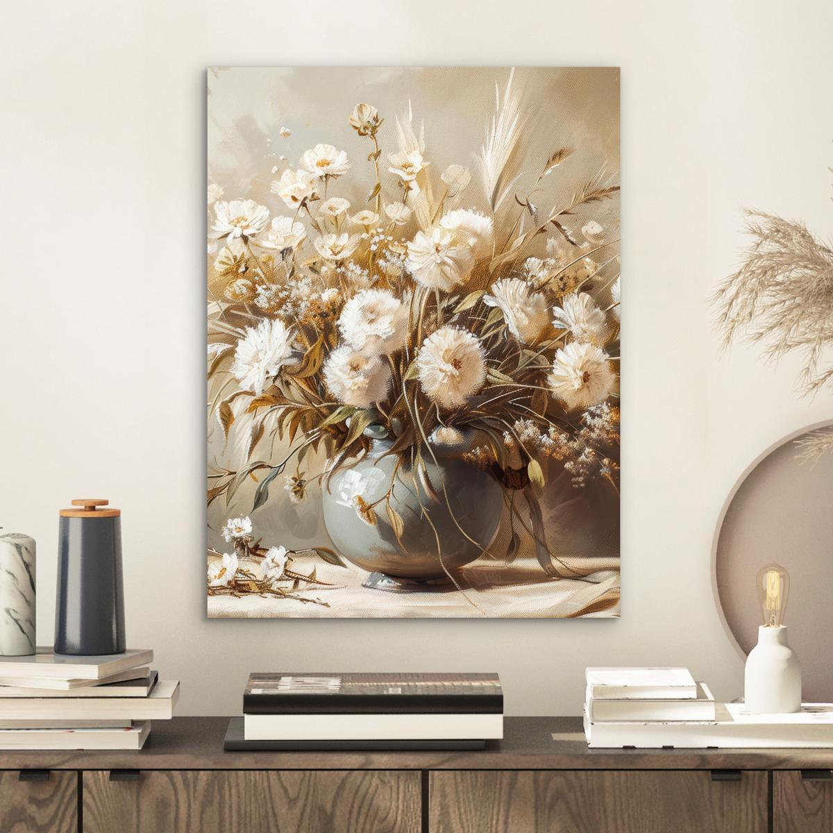METALLBILD Blumen - Vase - Stilleben - Beige 30x40 cm - Creme, Metall (30/40cm) - MuchoWow