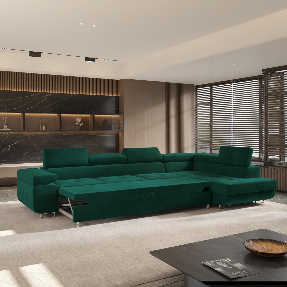ECKSOFA VICENTE Grün Velours-Stoff mit Schlaffunktion - Grün, Holz (346/202cm) - MASSENO