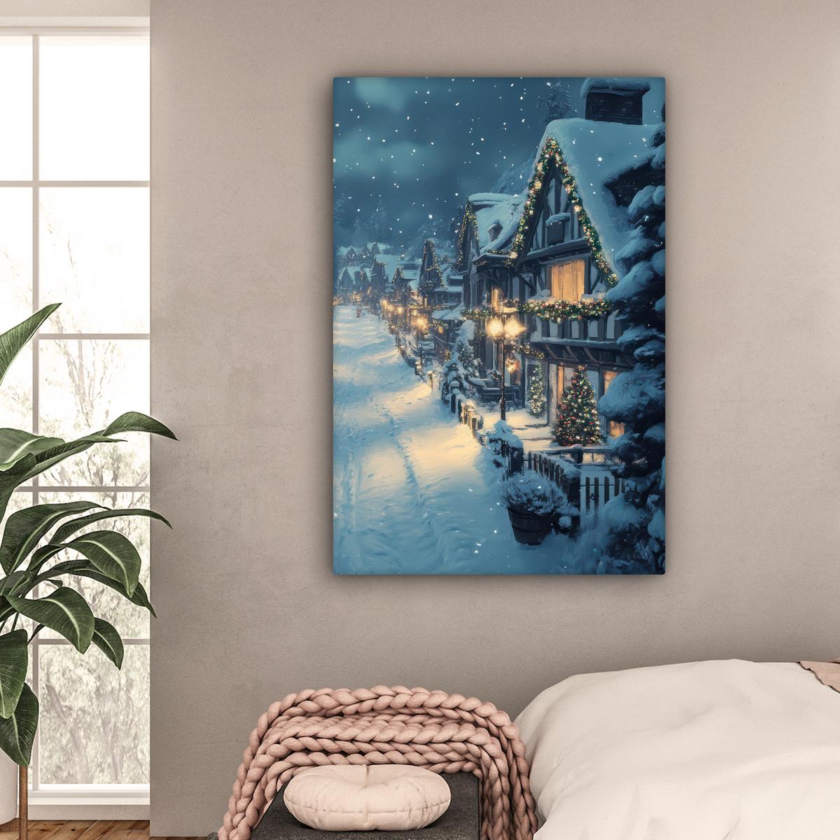 LEINWANDBILD Weihnachtsdorf - Weihnachten - Schnee - Winter Deko XXL 80x120 cm - Dunkelblau, Textil (80/120cm) - MuchoWow