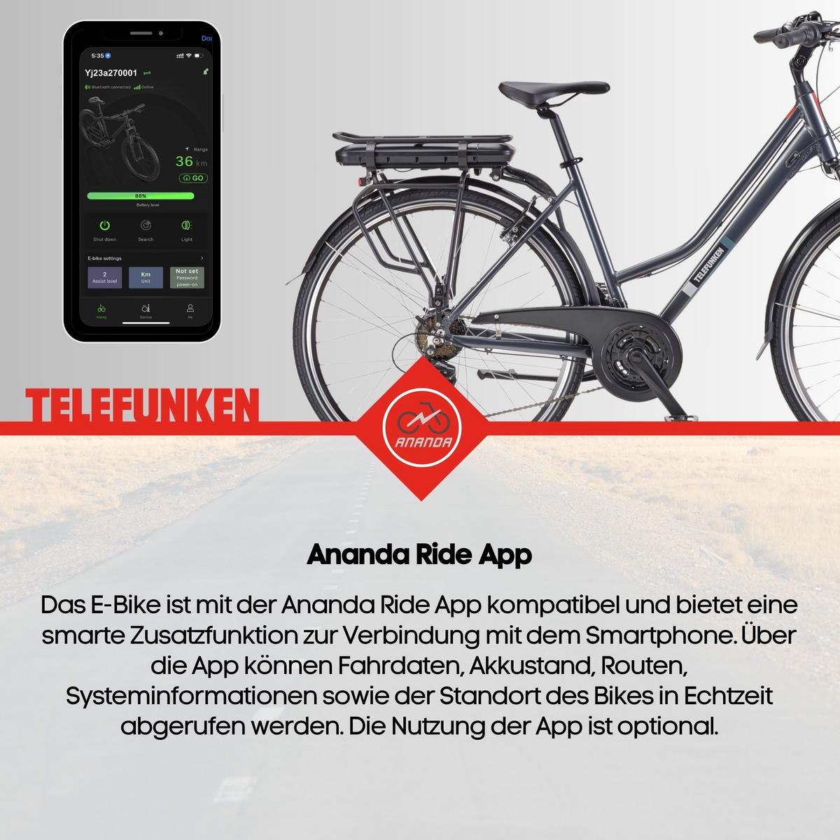 E-BIKE XT485 Trekking Elektrofahrrad 21-Gang Shimano Kettenschaltung, Pedelec, 14,5Ah, 37V Akku - Anthrazit, Metall (112cm) - Telefunken