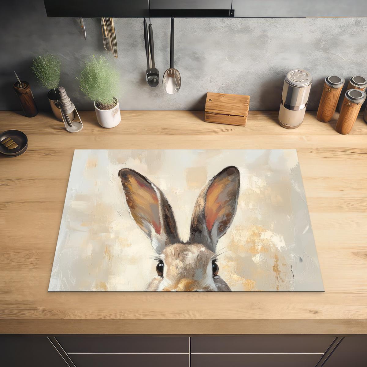 HERDABDECKPLATTE Hase - Ohren - Braun Herdabdeckung Induktionsfeld 70x52 cm - Beige, Kunststoff (70/52/0.2cm) - MuchoWow