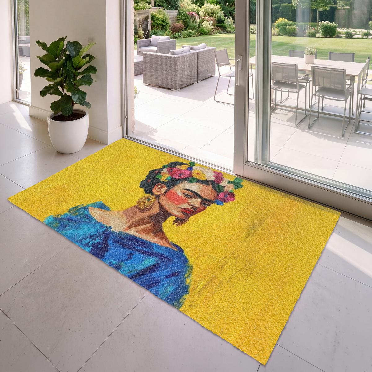 FUSSMATTE Frida Kahlo - Frau - Gelb - Blau - Blumen Schmutzfangmatte 180x120 cm - Gelb, Kunststoff (180/0.4cm) - MuchoWow