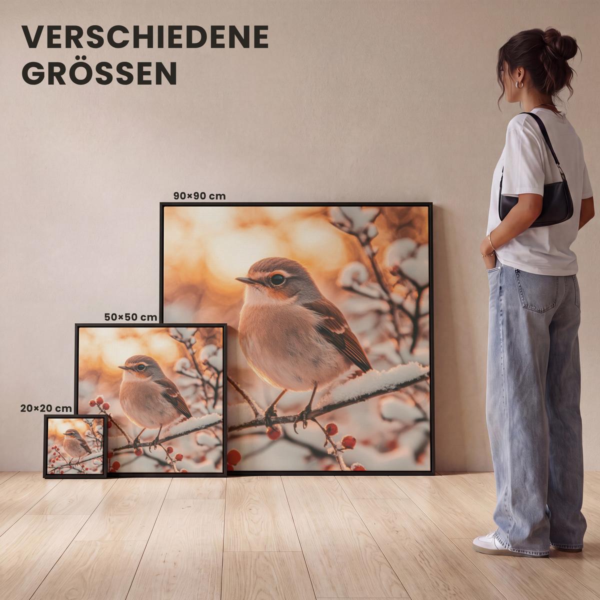 LEINWAND Bilder mit Rahmen - Vogel - Zweig - Winter - Tiere - Schnee - 50x50 - Bernsteinfarben, Textil (50/50cm) - MuchoWow