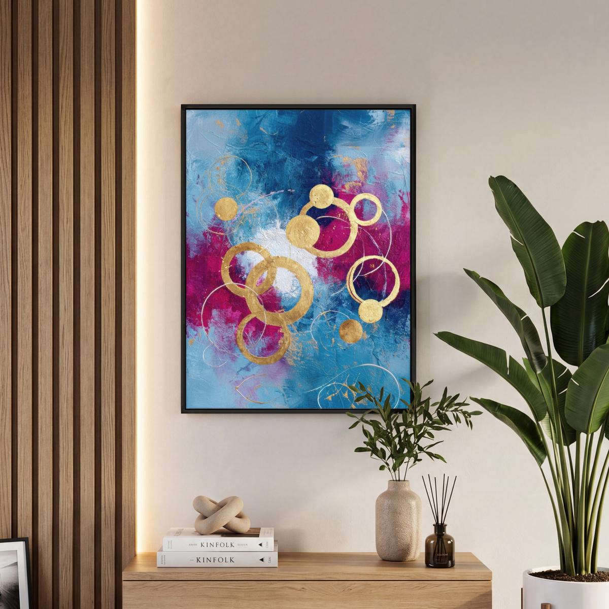 LEINWAND Bilder mit Rahmen - Kreise - Gold - Abstrakt - 60x80 - Blau, Textil (60/80cm) - MuchoWow