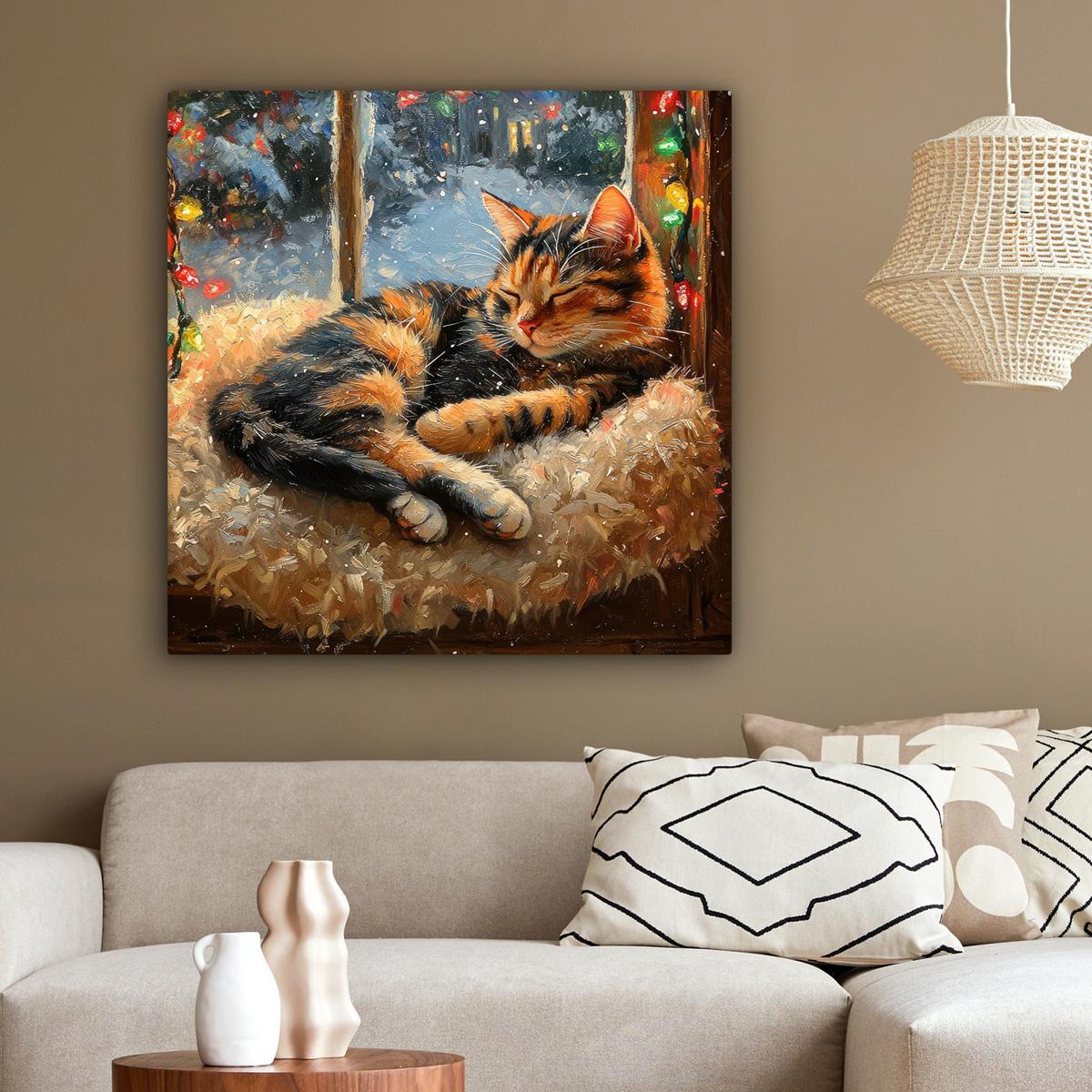 LEINWANDBILD Katze - Weihnachten - Winter - Tier Deko Groß 90x90 cm - Bernsteinfarben, Textil (90/90cm) - MuchoWow