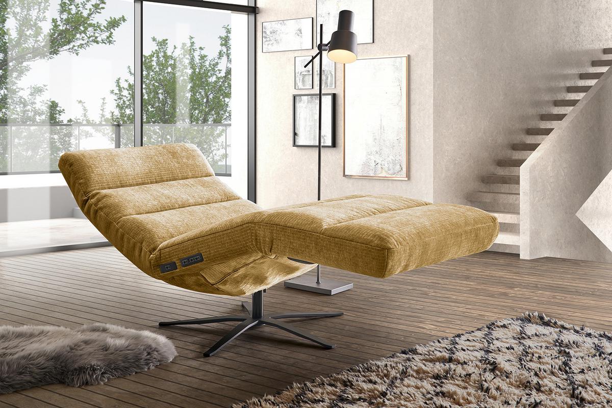 RELAXLIEGE ALINA Gelb Cord Relaxfunktion, Drehbar (360°) - Gelb/Schwarz, Textil/Metall (82/115/156cm) - KAWOLA