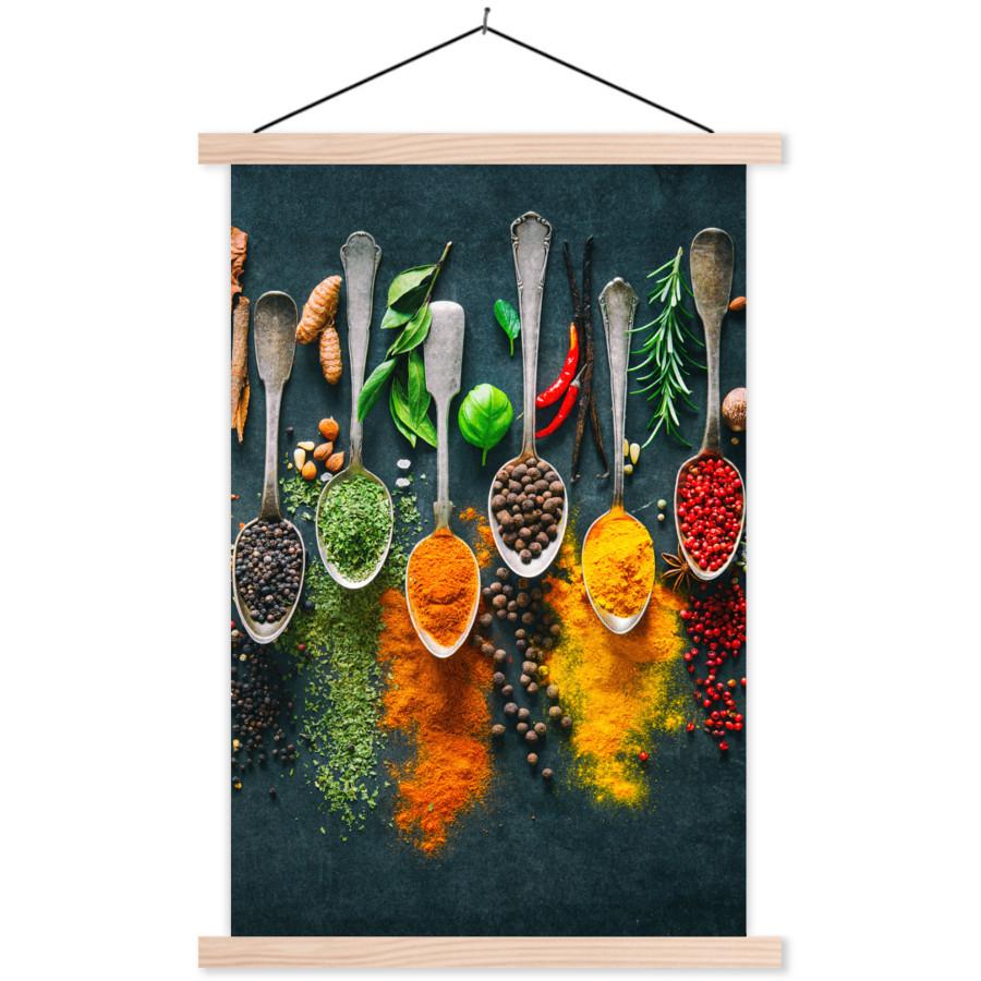 POSTER MIT MAGNETLEISTEN Kräuter - Gewürze - Löffel Wandbild Schlafzimmer 60x90 cm - Currygelb, Textil (60/90/0.15cm) - MuchoWow