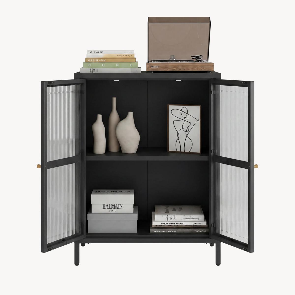 VITRINE Säkylä - Transparent/Schwarz, Glas/Metall (64/84/35cm) - [en.casa]