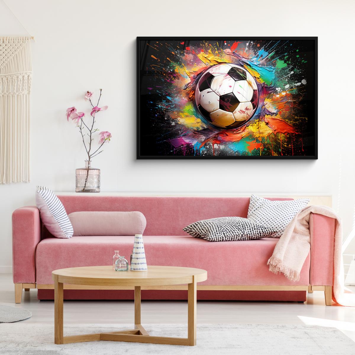 POSTER MIT RAHMENGERAHMTES BILD Fußball - Farbe - Farben - Schwarz - Weiß 120x80 cm - Weiß, Papier (120/80cm) - MuchoWow