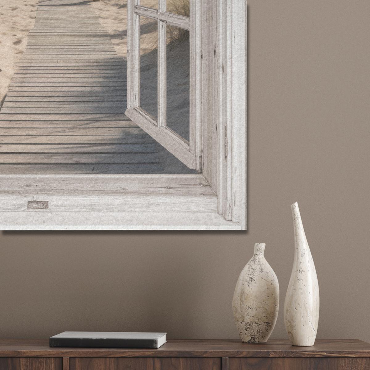 AKUSTIKBILD Fenster - Meer - Küste - Natur - Ausblick - Strand - Wattenmeer Wandbilder 60x80 cm - Beige, Kunststoff (60/80/0.9cm) - MuchoWow