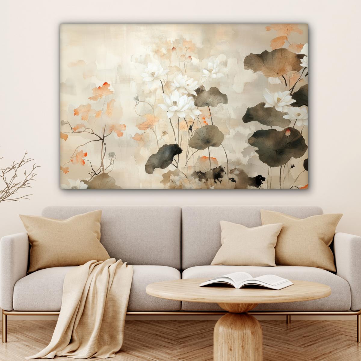 LEINWANDBILD Blumen - Japandi - Wabi sabi Wohnzimmer Groß 120x80 cm - Sandfarben, Textil (120/80cm) - MuchoWow