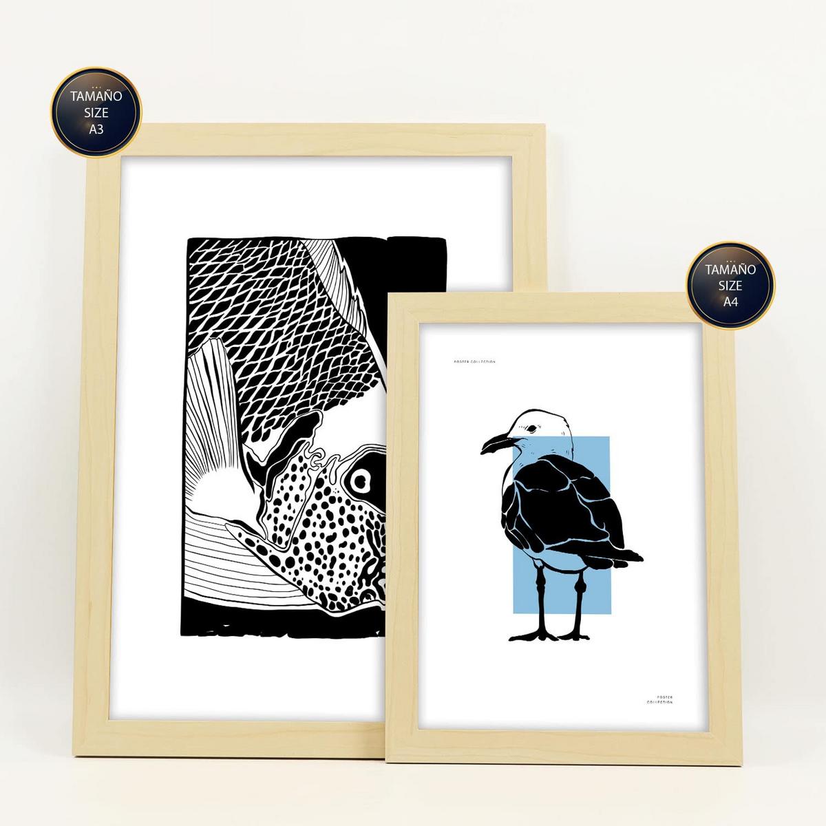 POSTER Set Mit 6 In Schwarzer Tinte Muscheln Kunstdrucke Von Meer Und Ozean Für Innenarchitektur A3 & A4 Rahmen Aus Hellem Holz - Beige, Papier (29/3cm) - Nacnic
