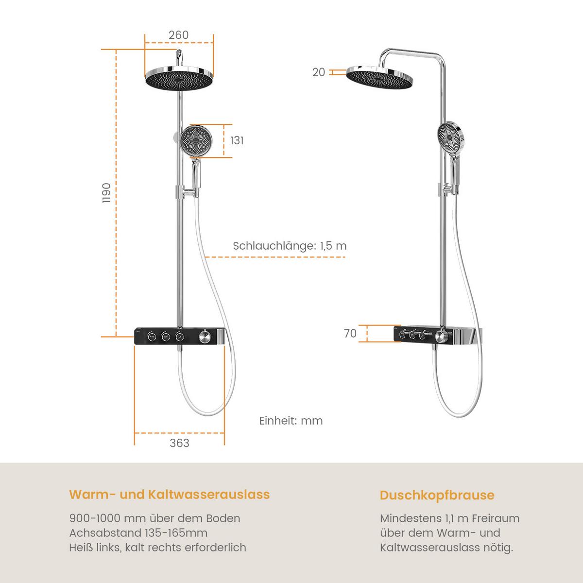ÜBERKOPFBRAUSESET mit Thermostat Runde Überkopfbrause Vielseitig Chrom - Chromfarben, Metall (35.5/119/40cm) - EMKE
