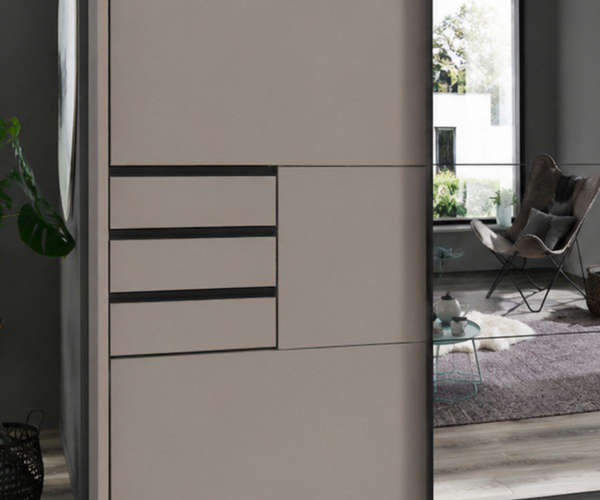 SCHWEBETÜRENSCHRANK 3-türig B273/H213/T64 cm, Sandgrau/Spiegel, Passepartout-Kleiderschrank mit Schubladen & Vollausstattung / 22621 - Sandfarben/Ecru, Holzwerkstoff/Metall (273/213/64cm) - luma-home