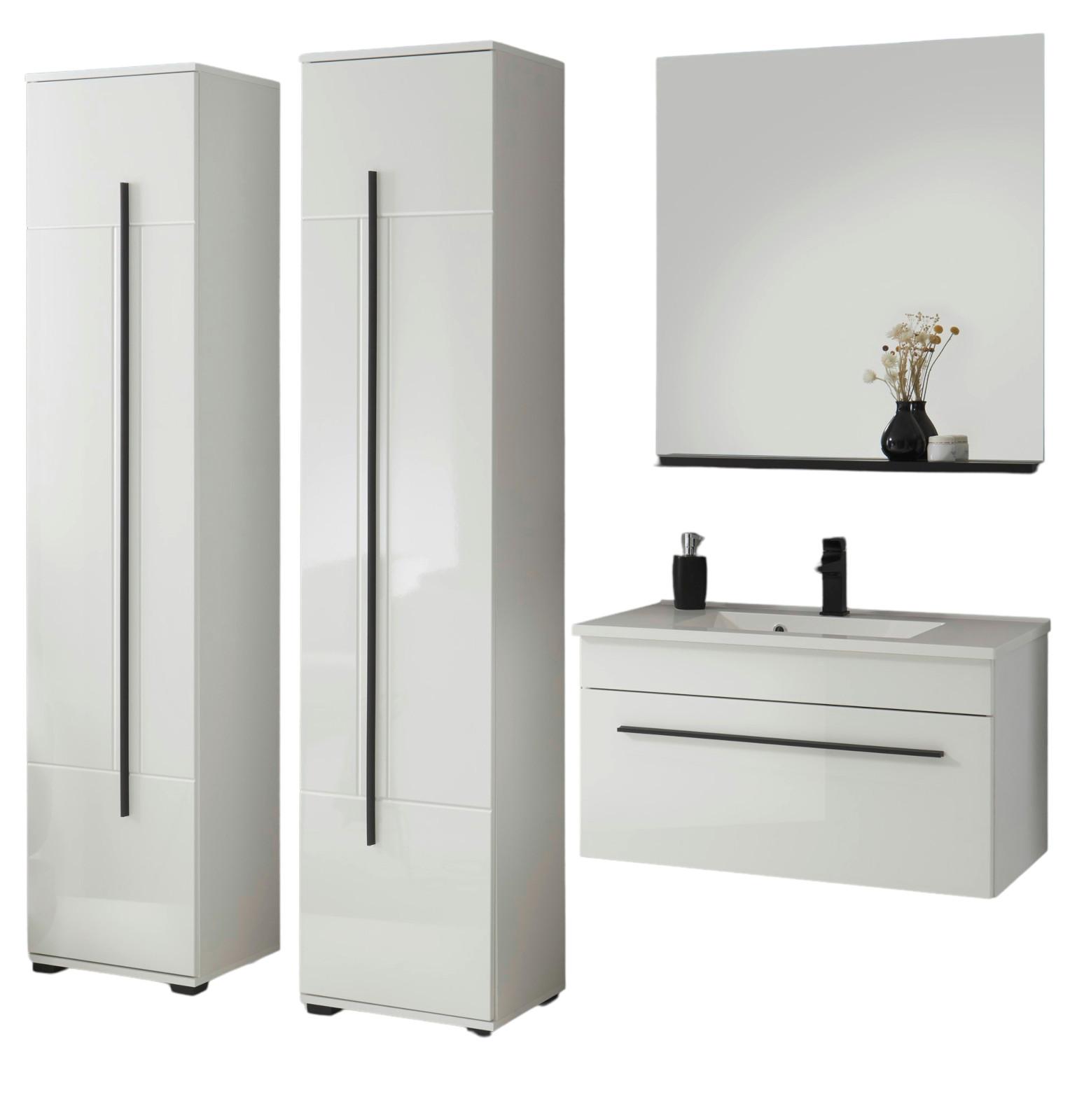 BADMÖBEL-SET weiß Hochglanz schwarz, Badkombination MIT Waschbecken, 190 x 200 cm - Weiß Hochglanz/Schwarz, Holzwerkstoff/Kunststoff (190/200/45cm) - Furn.Design
