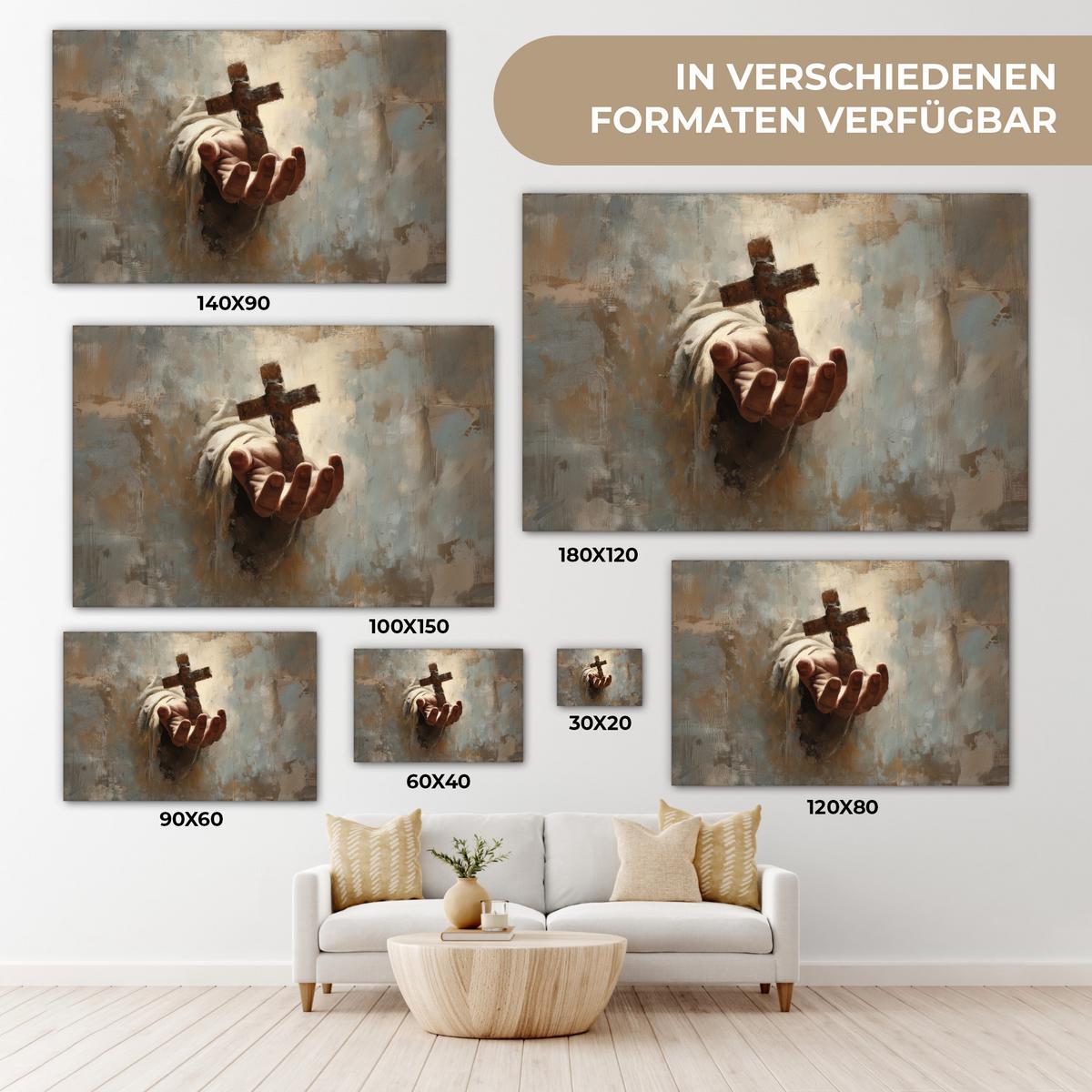 LEINWANDBILD Abstrakt - Kreuz - Hand - Christentum Deko Schlafzimmer 30x20 cm - Hellbraun, Textil (30/20cm) - MuchoWow