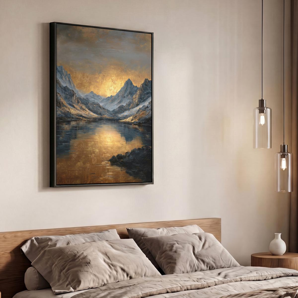 LEINWAND Bilder mit Rahmen - Bergkulisse mit goldenem Sonnenuntergang - 70x100 - Goldfarben, Textil (70/100cm) - MuchoWow