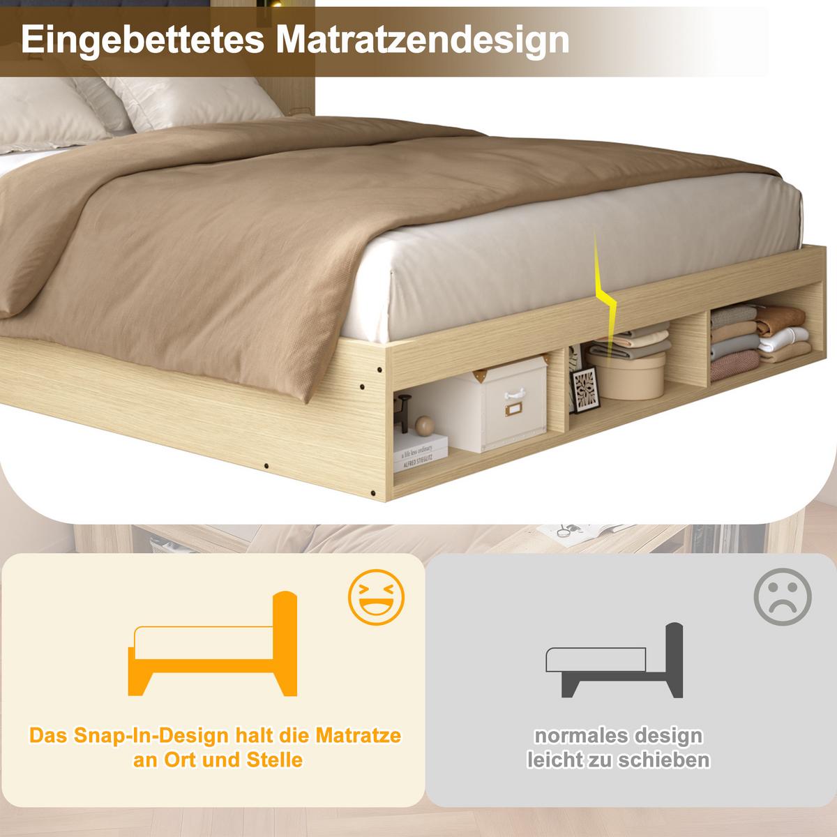 DOPPELBETT 180x200 Helle Eiche mit Stauraum, USB, Leselampe & 2 Nachttischen - Eichefarben, Holzwerkstoff (180/200cm) - Urban Meuble