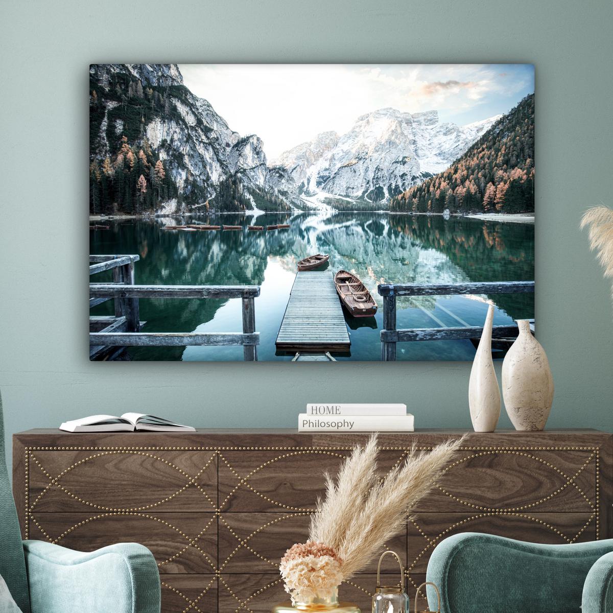 LEINWANDBILD Natur - Berge - Schnee - Wald - Boot Groß 140x90 cm - Hellgrün, Textil (140/90cm) - MuchoWow