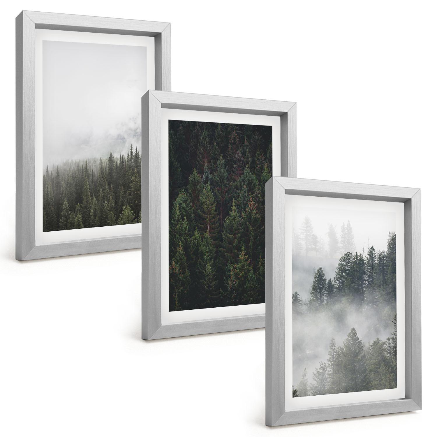 BILDER SET 3er Set - 20x30 cm Silberner Rahmen - Grüne Wälder Nebel Natur - Silberfarben, Kunststoff (20/30cm) - TULUP