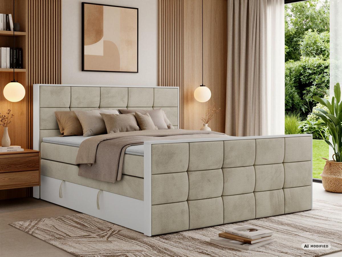 BOXSPRINGBETT ALVIT KING DUO 180/200 - Beige Velvet - Topper T25 - H3 - Beige/Schwarz, Kunststoff/Textil (180/200cm) - MKS