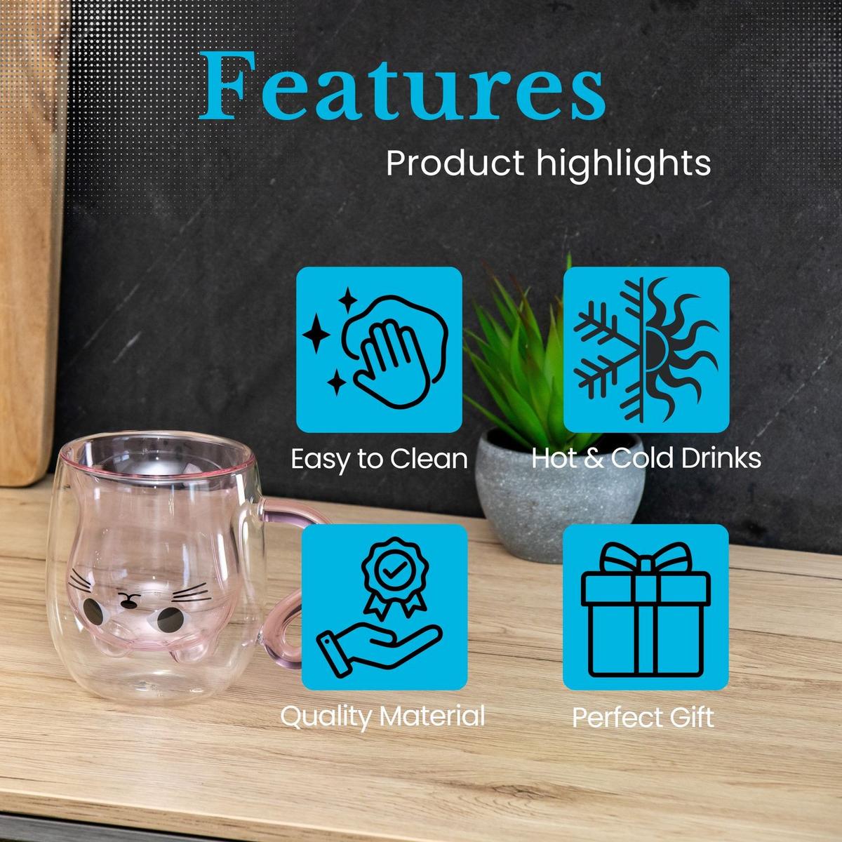 THERMO GLÄSER Design Katze 200ml (2-tlg.) - Rosa, Glas - Intirilife